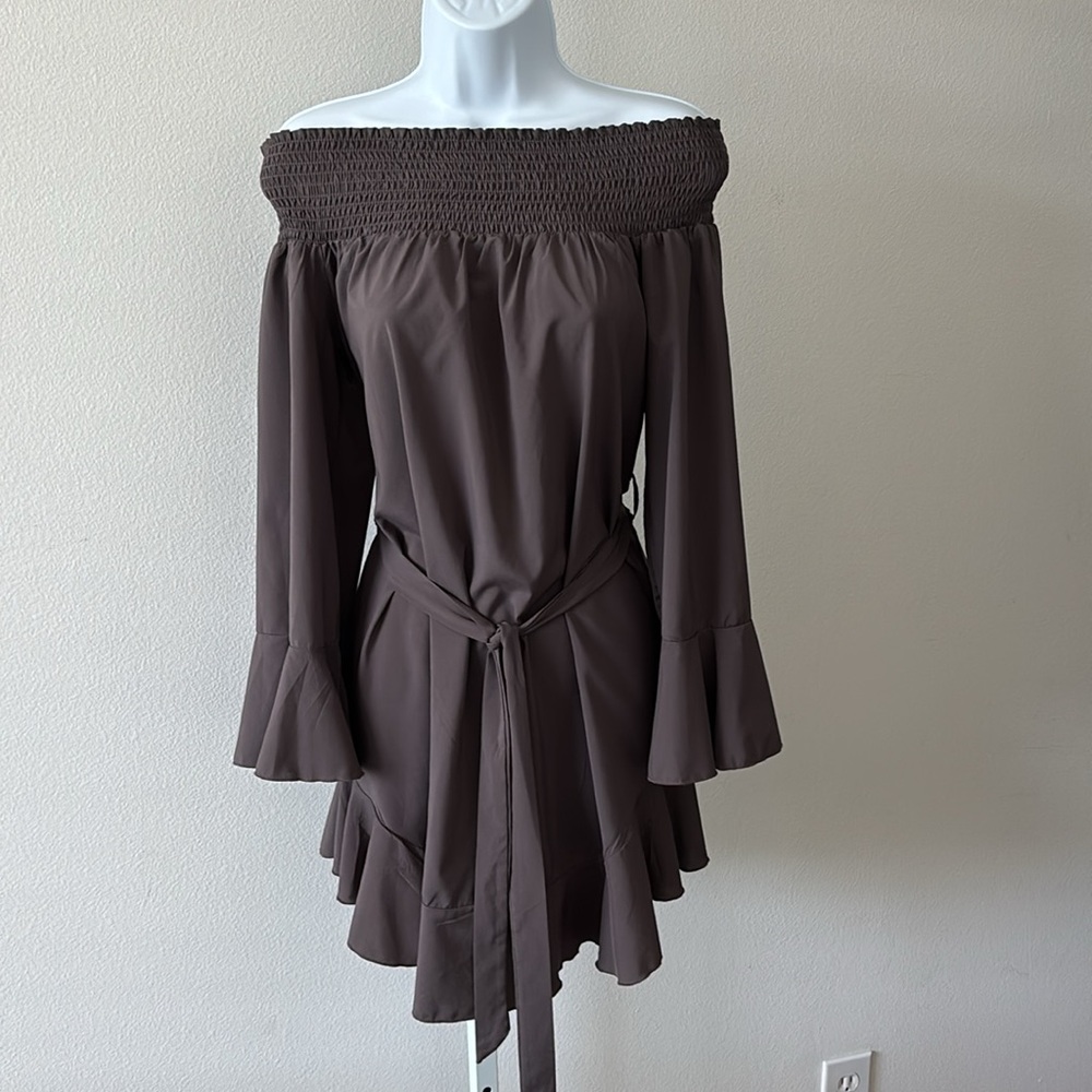 CBR Dress L Brown Off Shoulder Ruffle Bell Sleeve Romantic Dark Fairy Whimsigoth - Picture 2 of 15